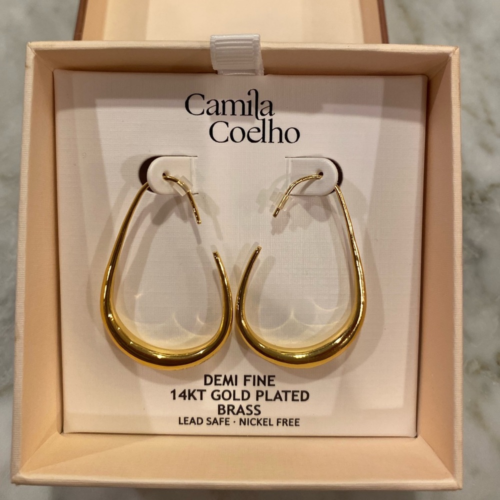Camila Coelho Demi fine jewelry shiny 2” Gold Earrings teardrop hoops new in box